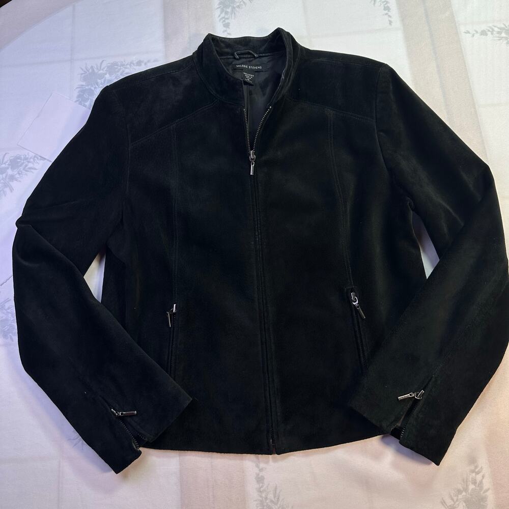 Valerie Stevens Women M Suede Leather black Zip Jacket lined perfect